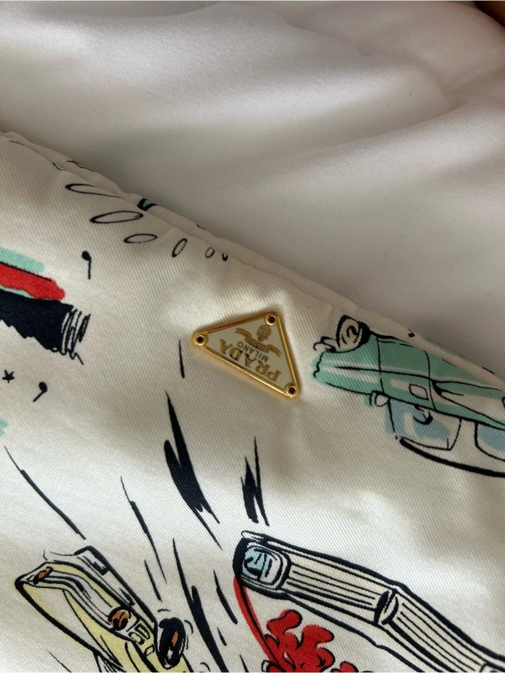 Prada Cream Silk Automotive Print Accent Pillow with Red & Teal Details